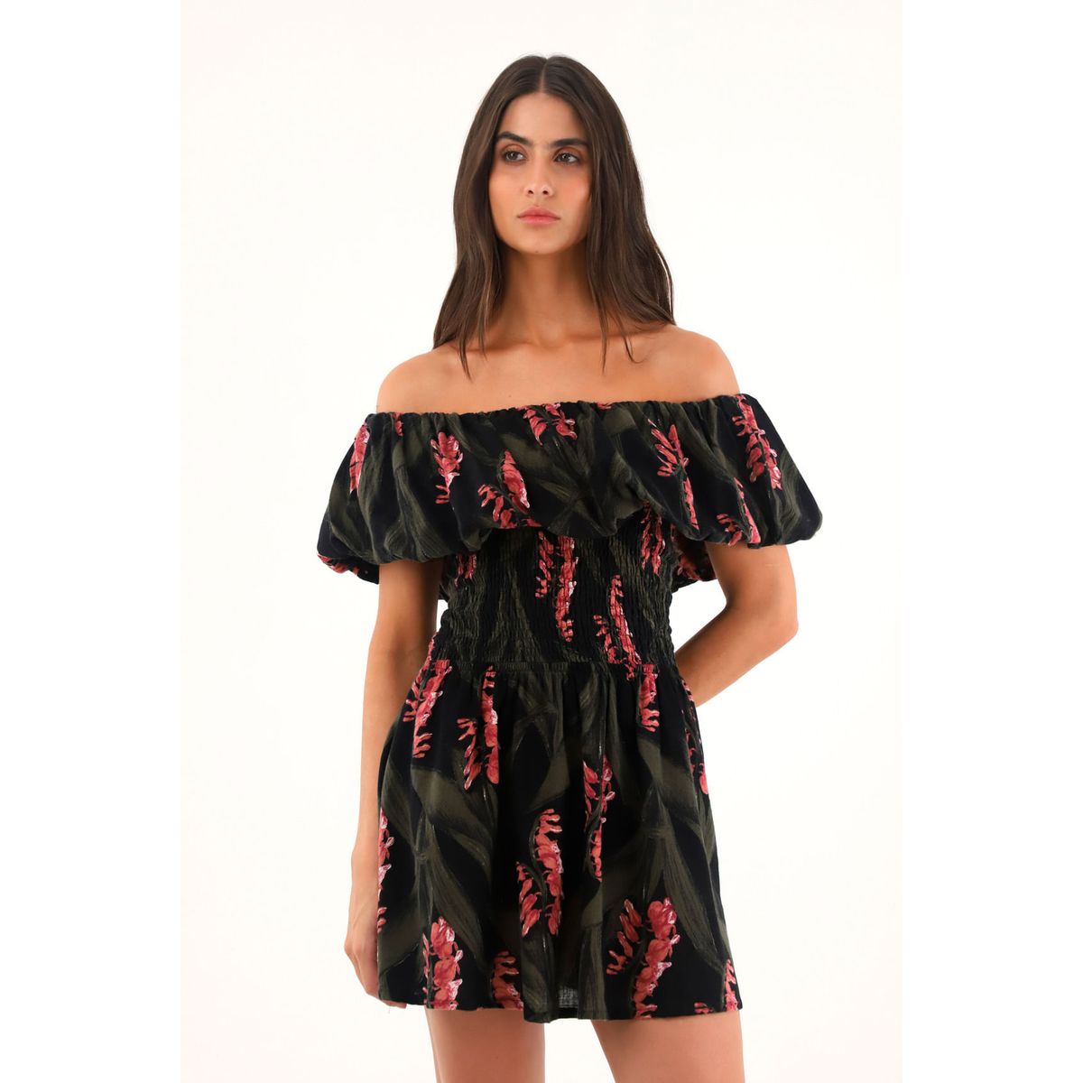 TOPMARK - Vestido corto estampado con escote bandeja para mujer