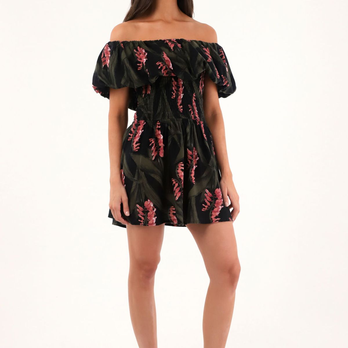 TOPMARK - Vestido corto estampado con escote bandeja para mujer