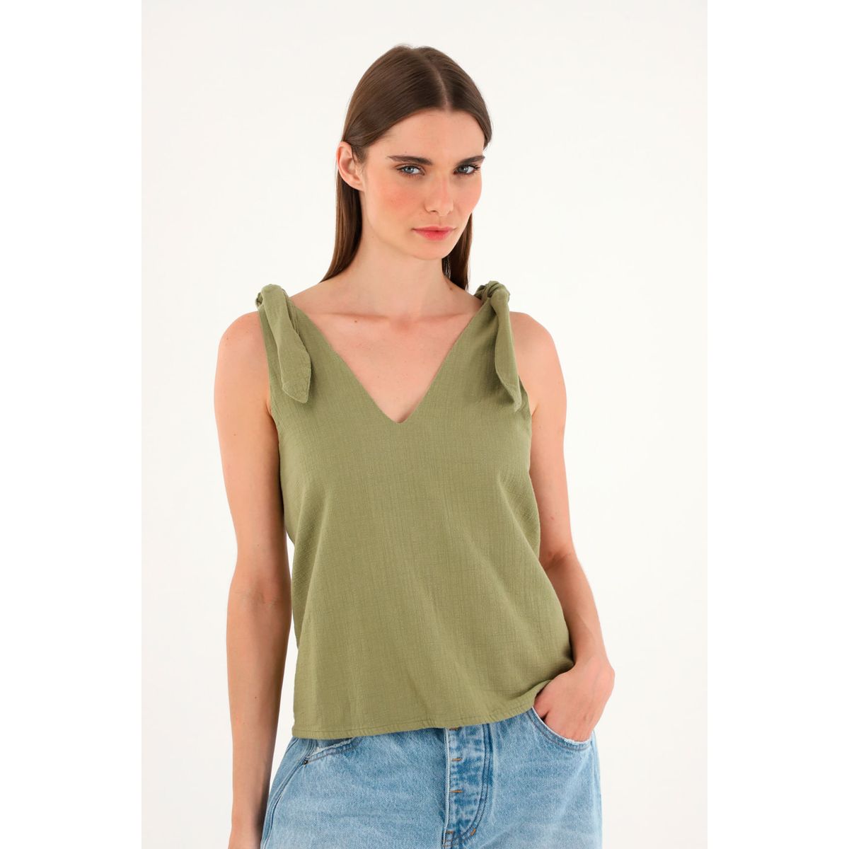 TENNIS - Camisa verde de escote en V y tiras para mujer