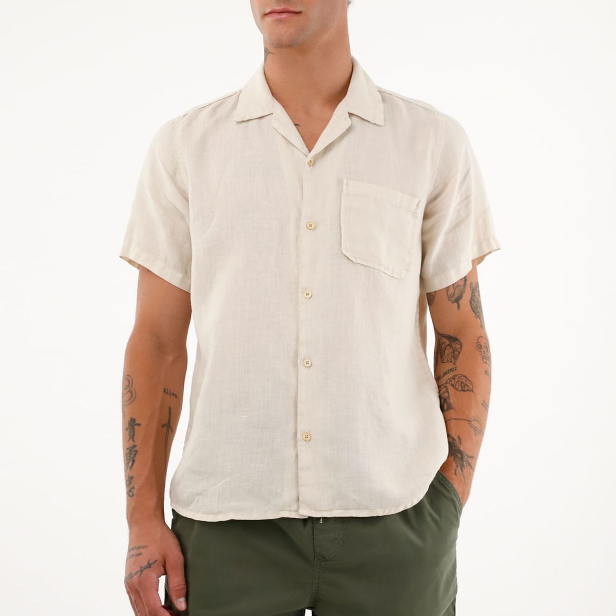 TENNIS - Camisa crudo manga corta en 100% lino para hombre