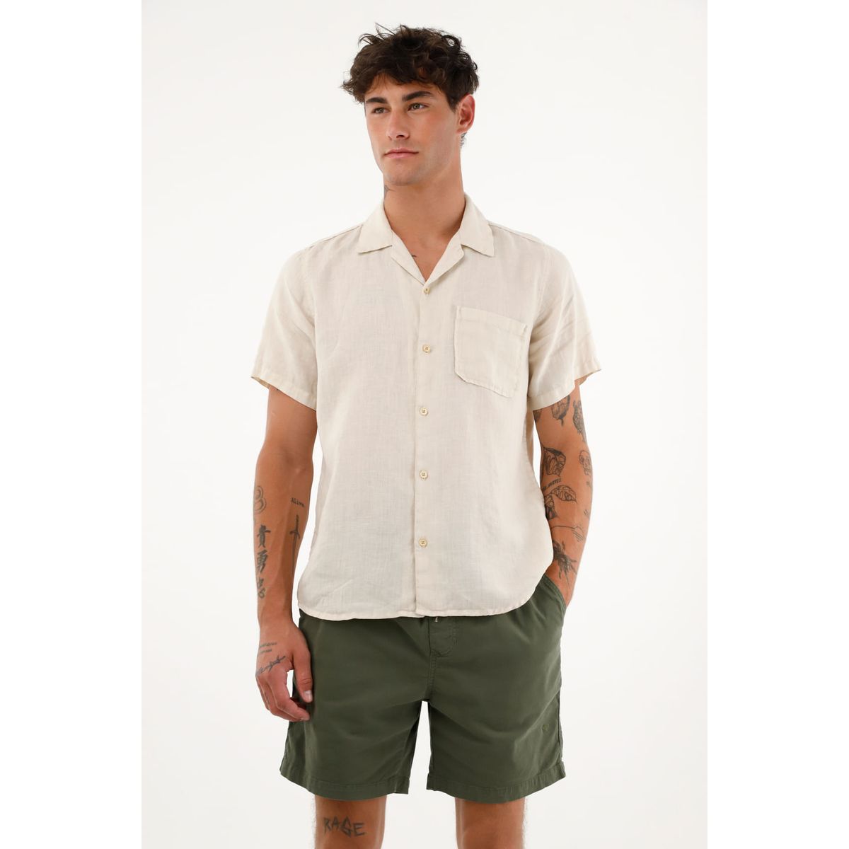 TENNIS - Camisa crudo manga corta en 100% lino para hombre