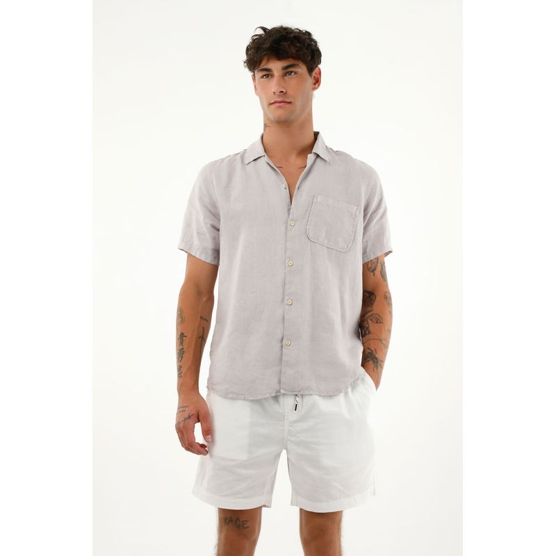 TENNIS - Camisa gris manga corta en 100% lino para hombre