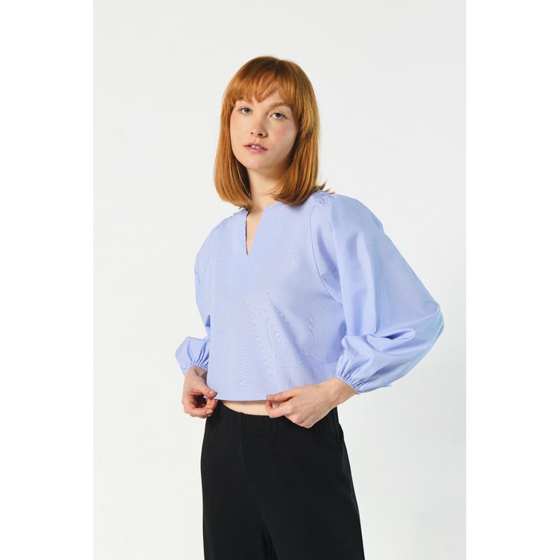 KOAJ - KOAJ Blusa a rayas azul con manga larga aglobada y escote en V MUJER