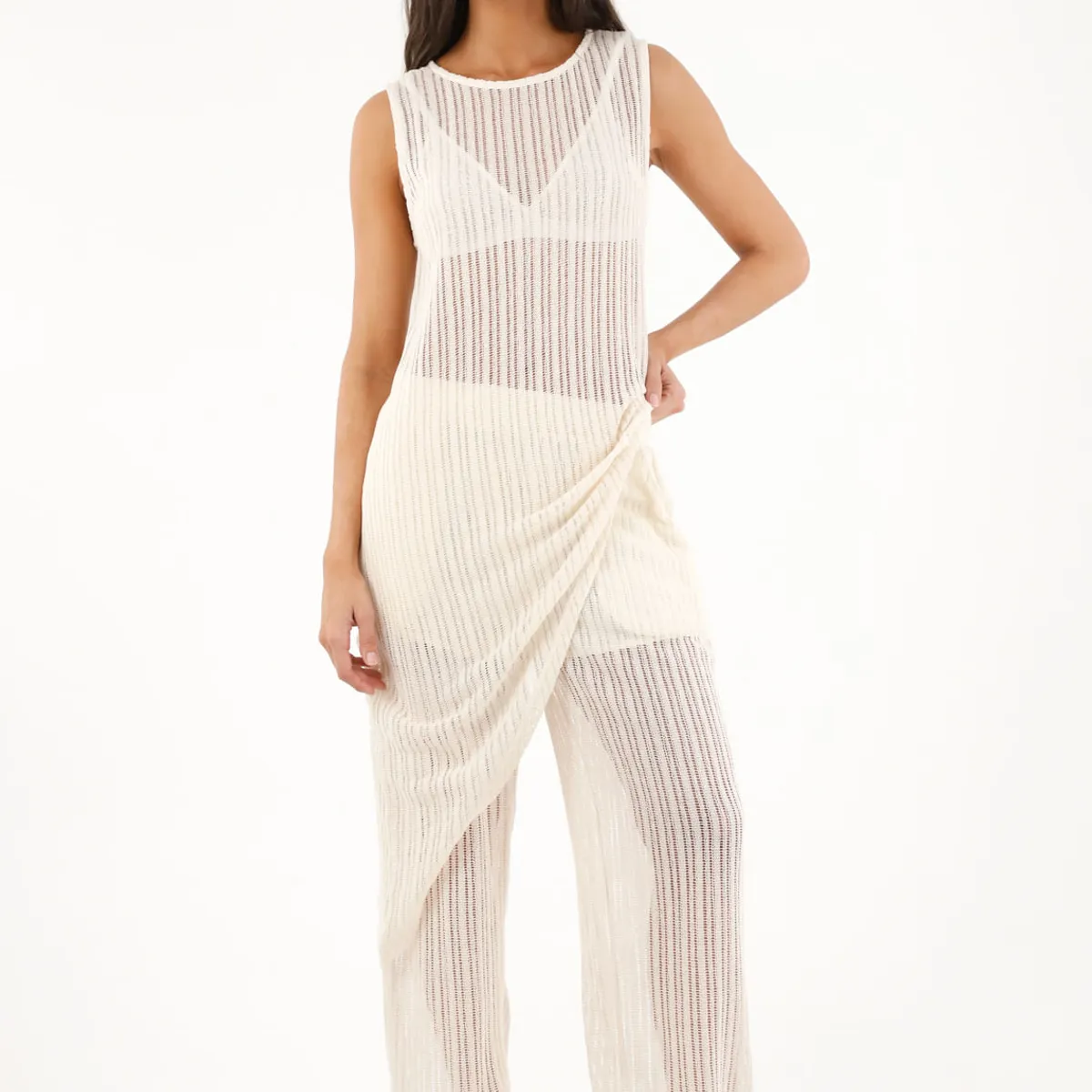 TOPMARK - Pantalón Recto de tejido abierto crudo para mujer