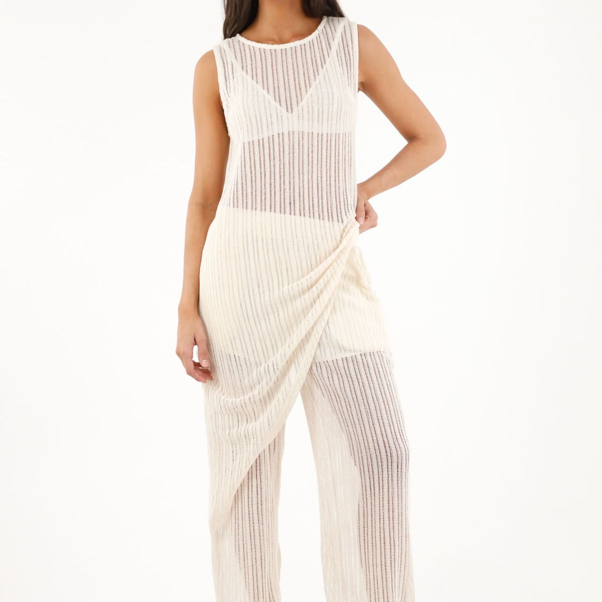 TOPMARK - Pantalón Recto de tejido abierto crudo para mujer