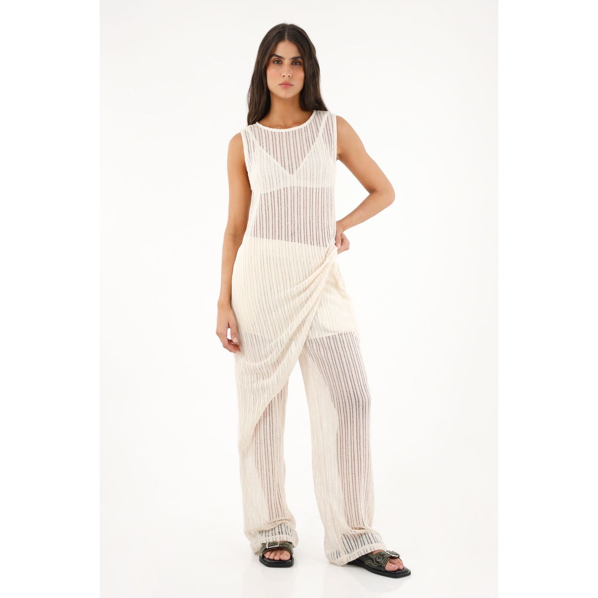 TOPMARK - Pantalón Recto de tejido abierto crudo para mujer