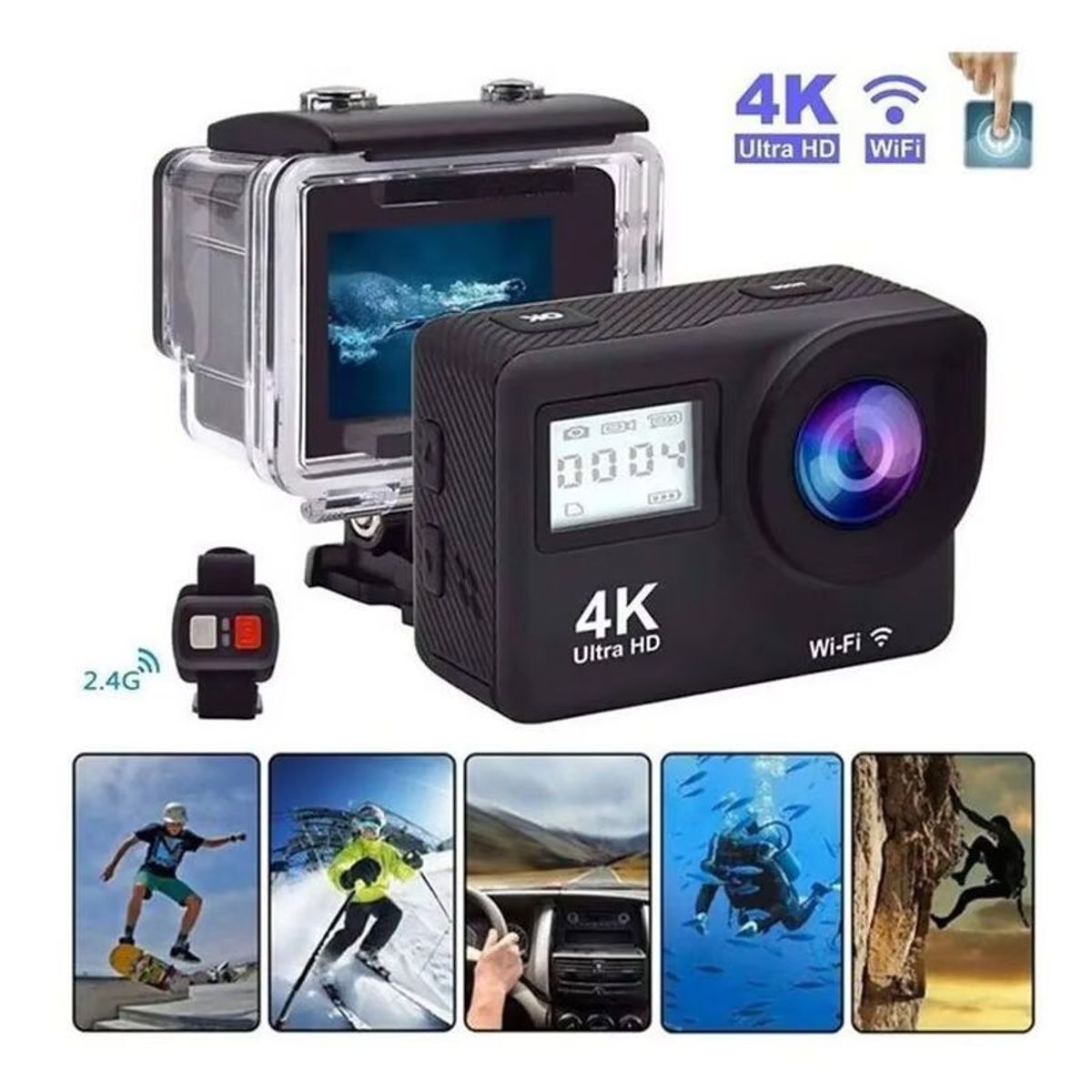 AMERICAN GENERICS - Camara Deportiva Wifi 4K Doble Pantalla Sumergible Wifi