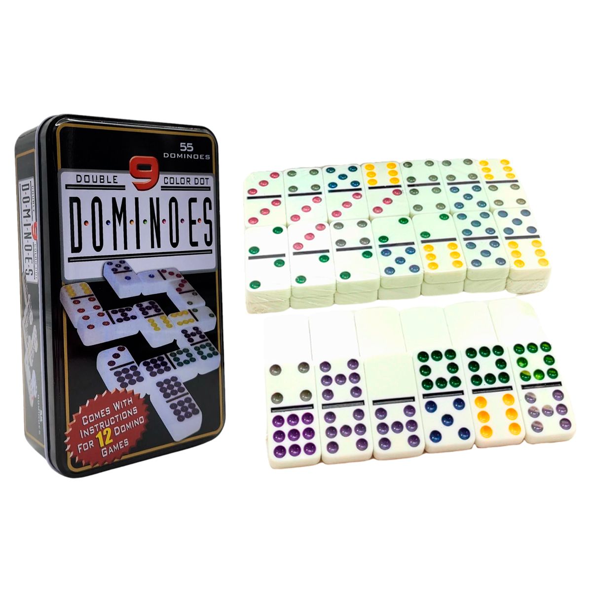 GENERICO - Dominó 55 Fichas A Color Doble 9 Juego De Mesa Caja Metálica