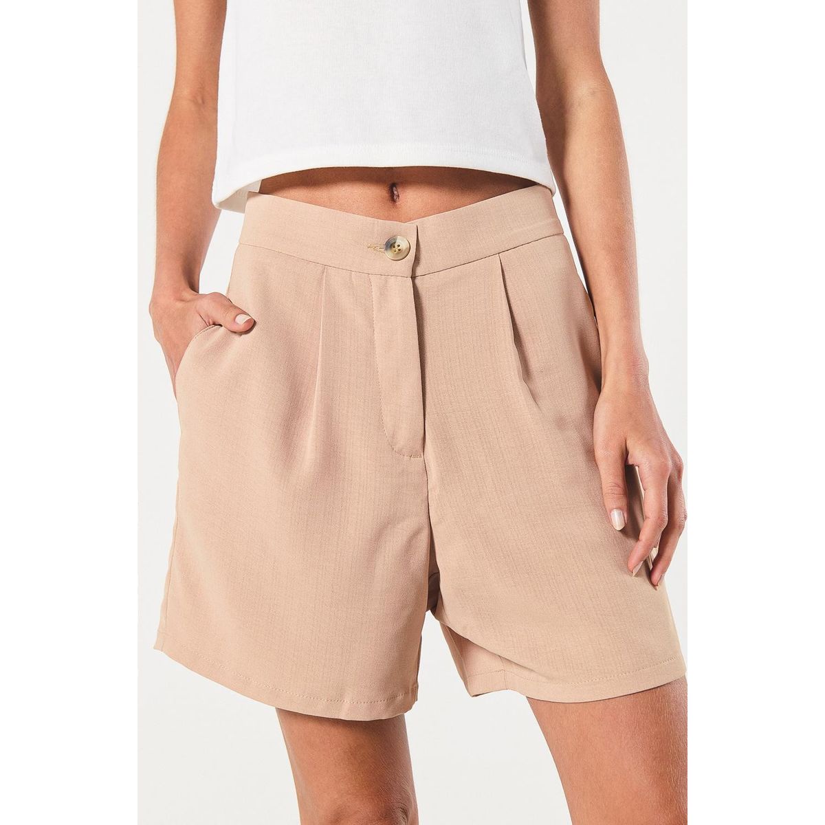 KOAJ - KOAJ Short en tela kaki con prenses y tiro alto Mujer