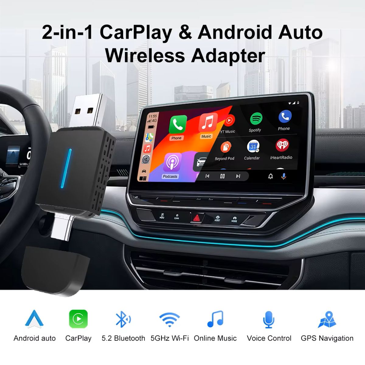 GENERICO - Adaptador inalámbrico CarPlay y AndroidAuto Dongle Bluetooth 2 en 1 para Vehiculos
