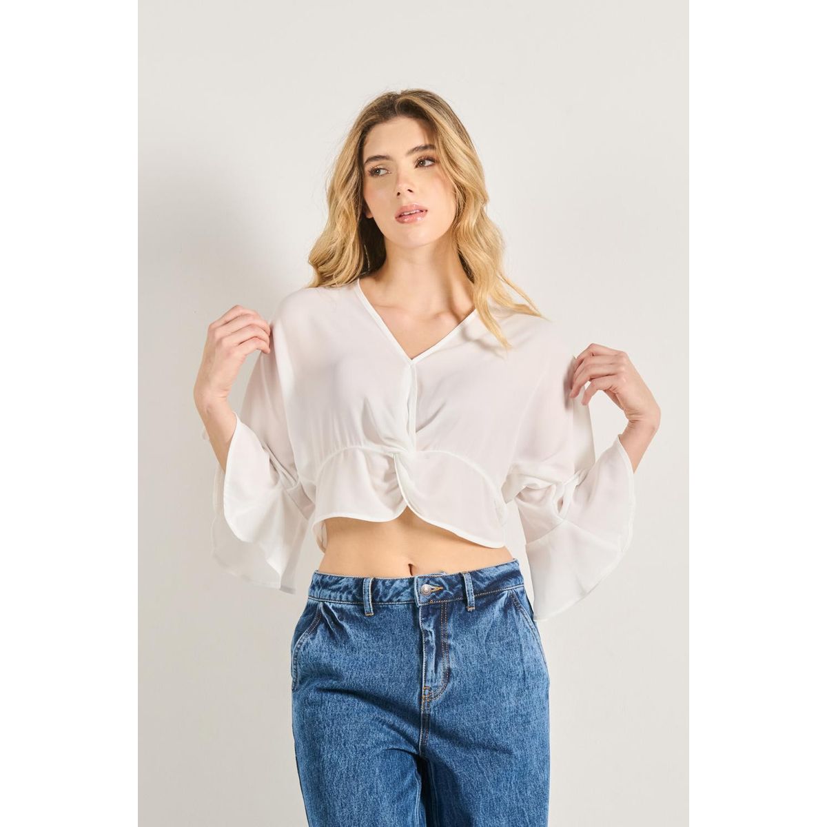 KOAJ - KOAJ Blusa unicolor crop top con nudo en frente y manga 3/4 Mujer