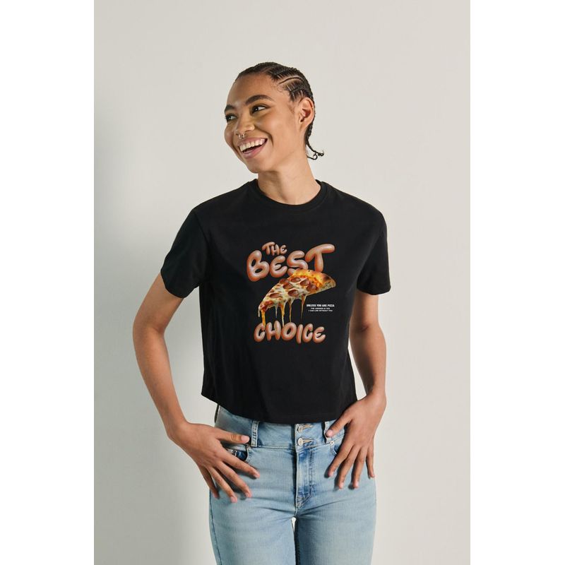 KOAJ - KOAJ Camiseta crop top manga corta con estamapado de pizza MUJER