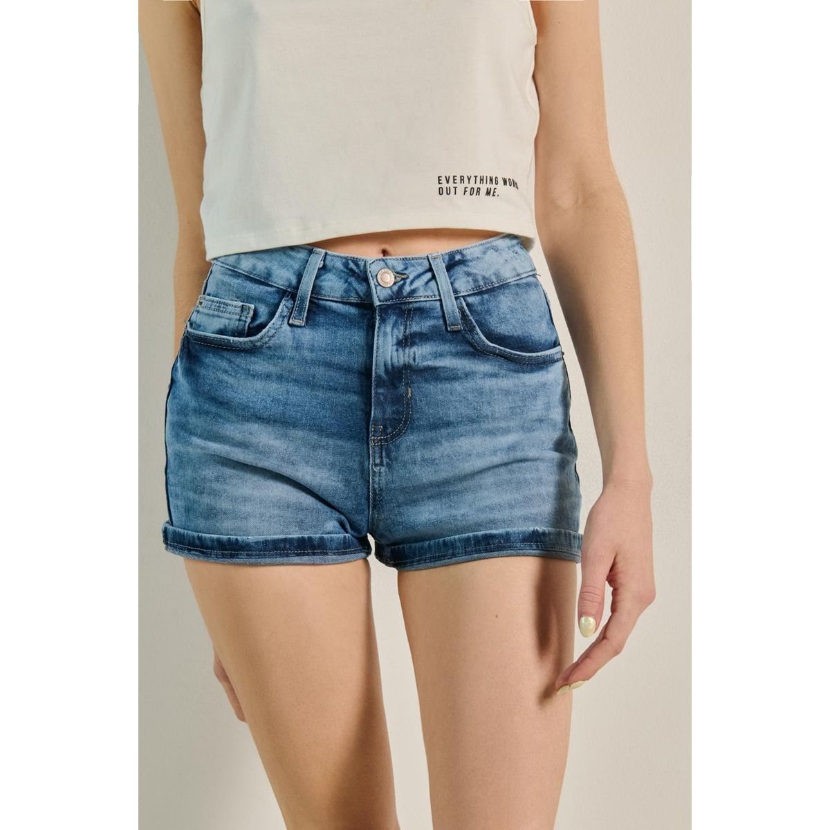 KOAJ - KOAJ Short azul claro en jean con tiro alto y 5 bolsillos Mujer