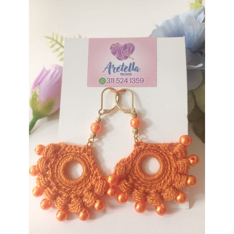 GENERICO - Aretes Tejidos en Crochet Abanico Grande Perlas Naranja