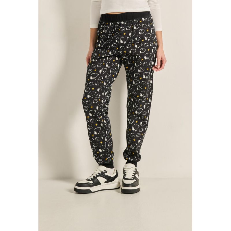 KOAJ - KOAJ Pantalón jogger negro con bolsillos y diseños de Snoopy MUJER