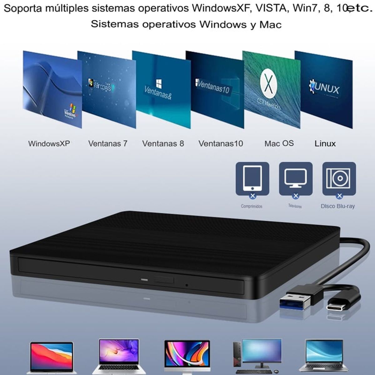 GENERICO - Dvd Externa Usb 3.0 Y Usb-c Unidad Lector Quemador De Cd