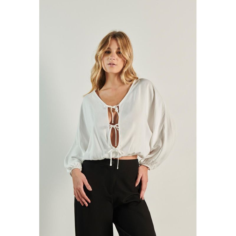KOAJ - KOAJ Blusa manga larga blanca con escote y doble anudado MUJER