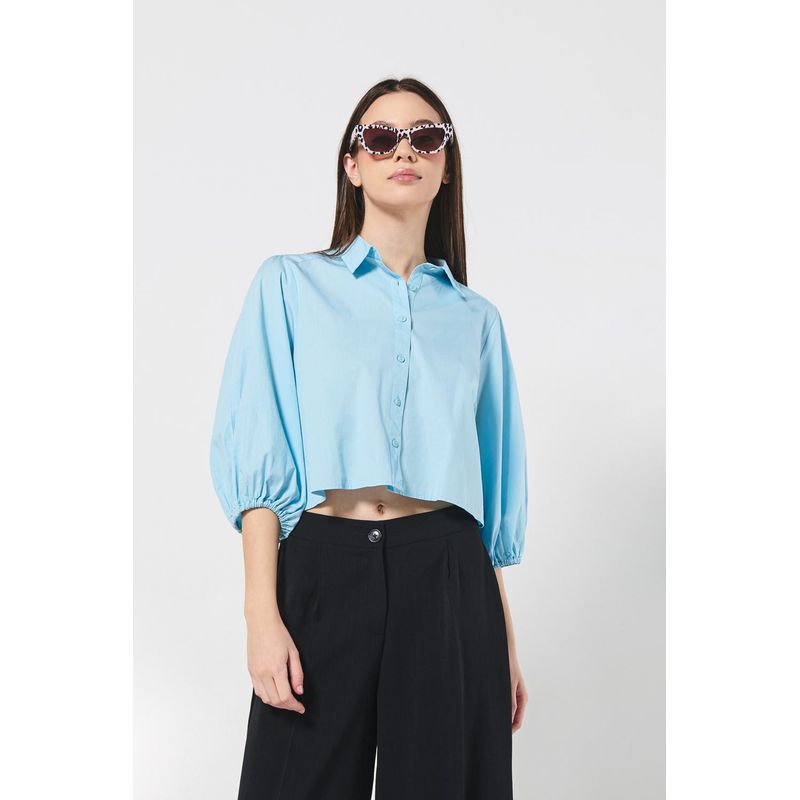 KOAJ - KOAJ Blusa unicolor con manga 3/4, cuello camisero y botones Mujer