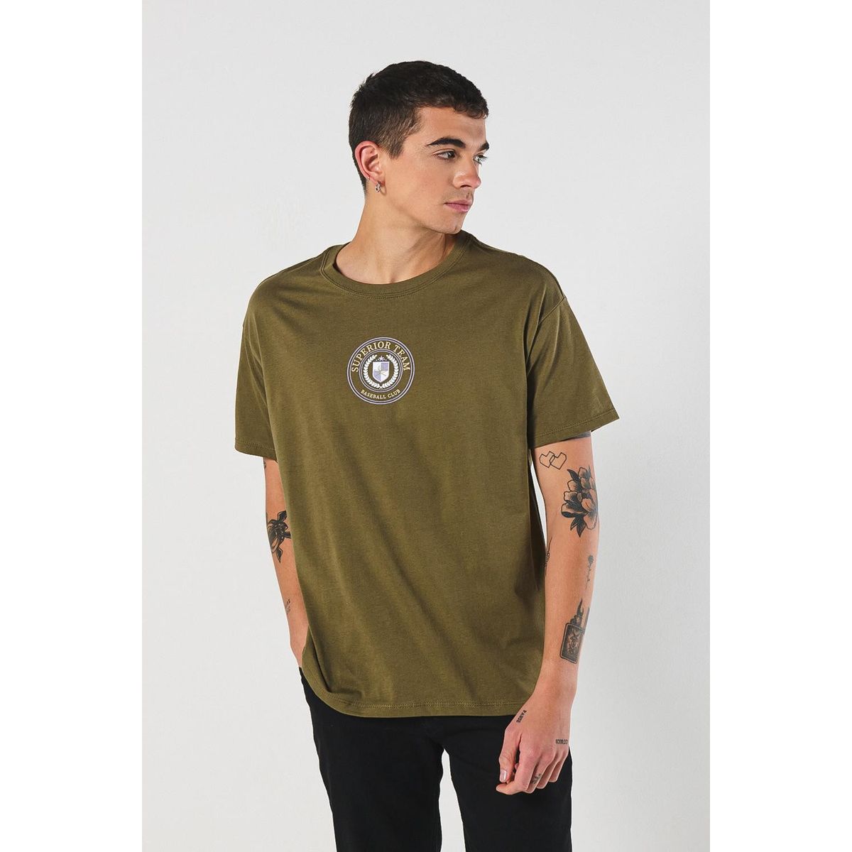 KOAJ - KOAJ Camiseta cuello redondo verde oscura con estampado col Hombre