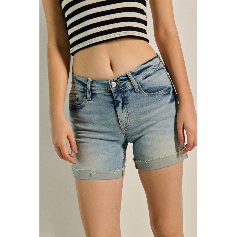 KOAJ - KOAJ Short azul claro en jean con dobladillo y tiro medio MUJER