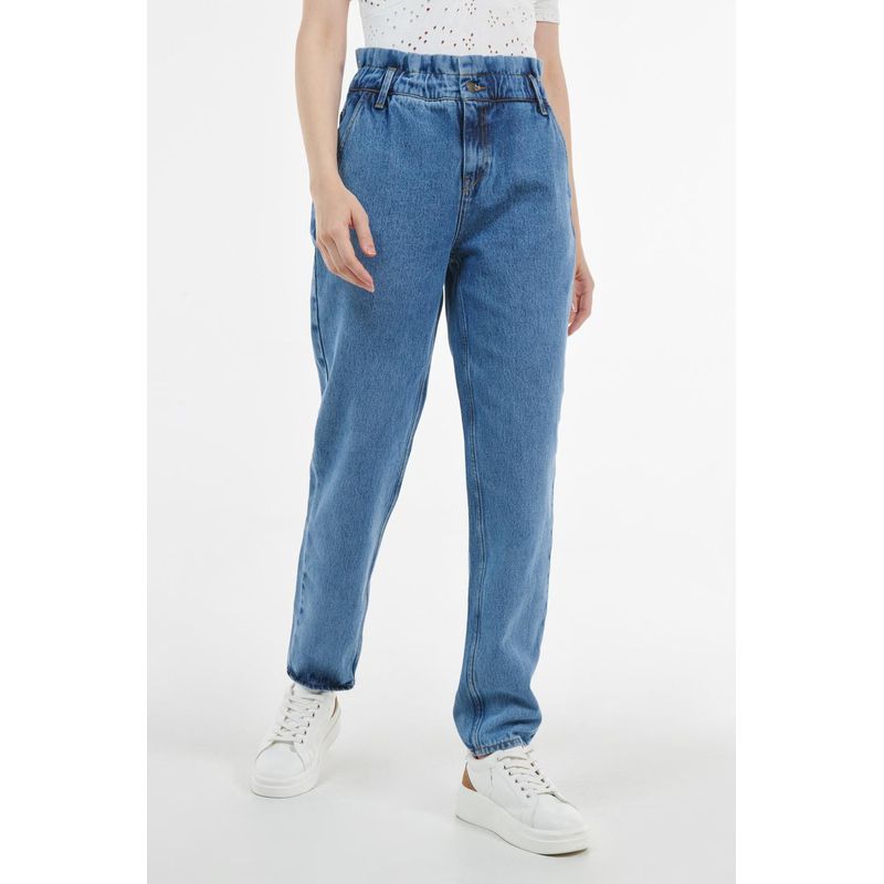 KOAJ - KOAJ Jean azul oscuro tipo paper bag con tiro alto y bota rect MUJER