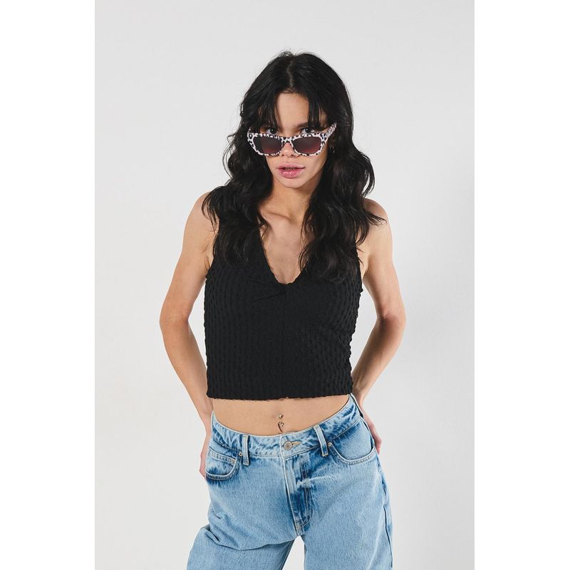KOAJ - KOAJ Camiseta manga sisa unicolor con cuello V y anudado MUJER