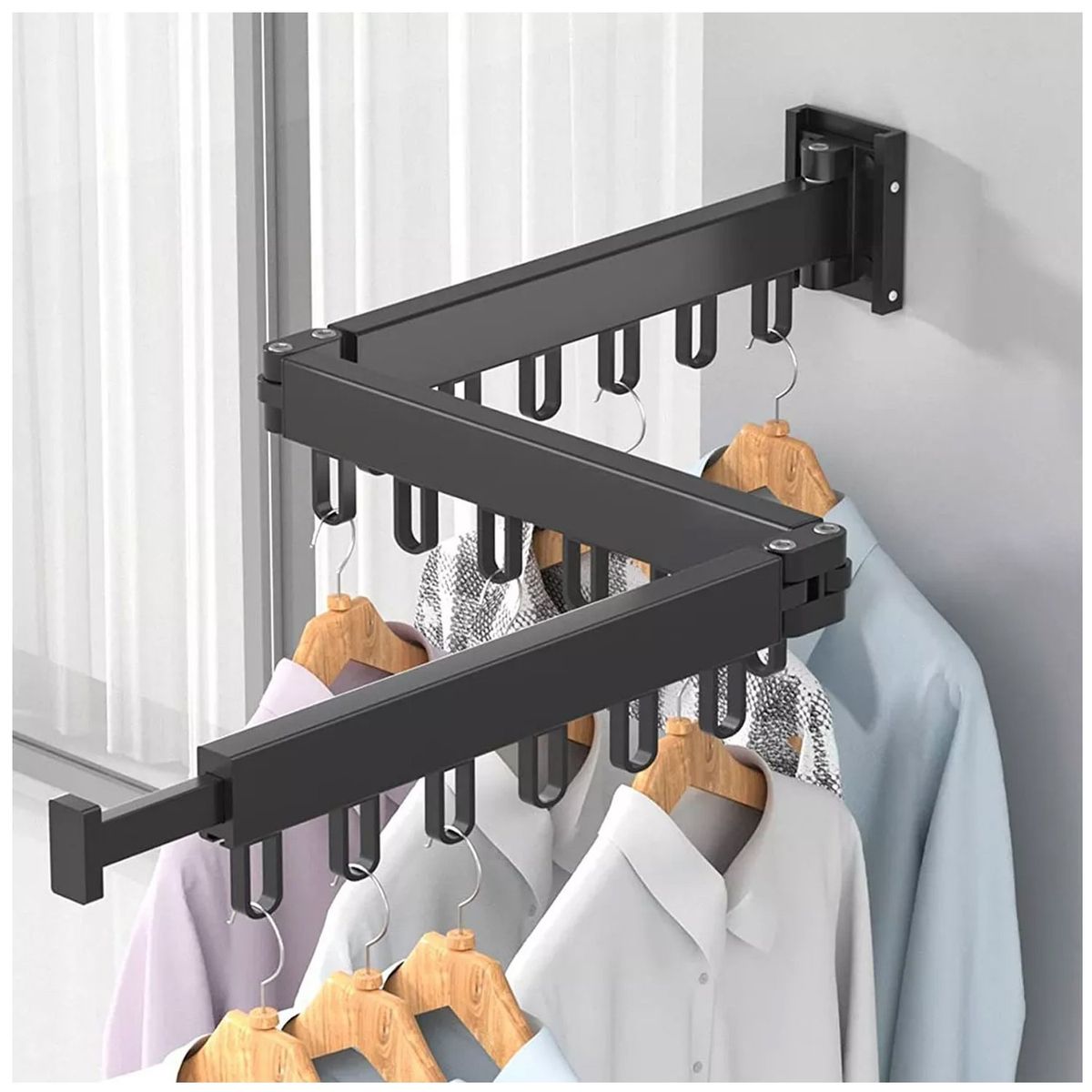 ONE PIXEL - Tendedero Plegable de Pared ONE PIXEL Negro 18 Ganchos Giratorio 360° Aluminio