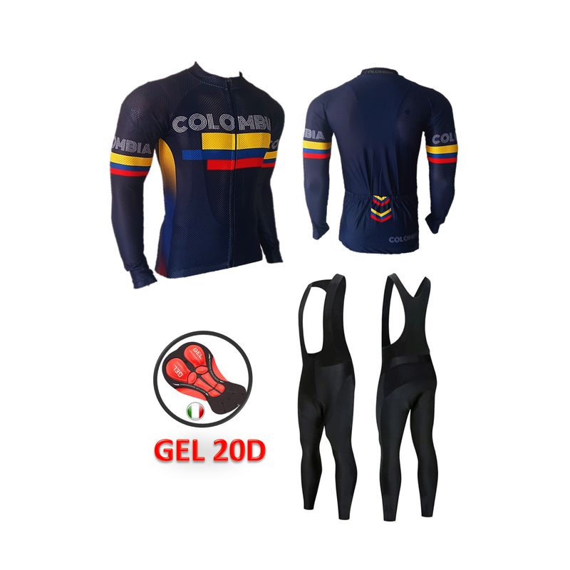 GENERICO - Uniforme Ciclismo Jersey Colombia Azul Osc Licra Larga Badana GEL 20D