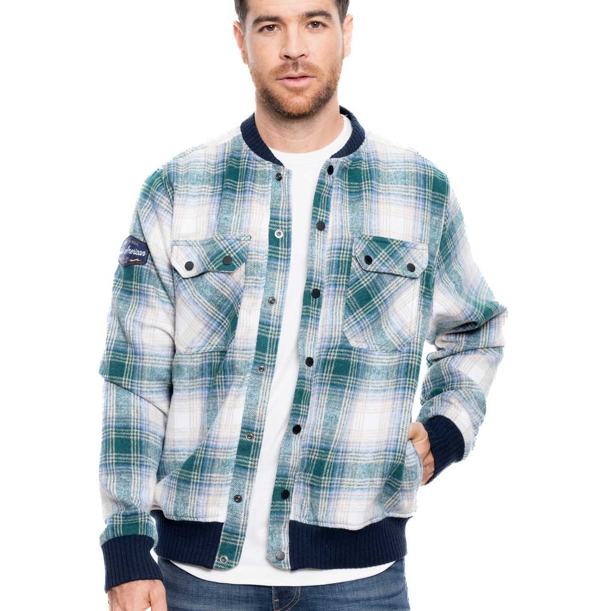 COLOR BLUE - Bomber Jacket A Cuadros Con Cuello Contraste