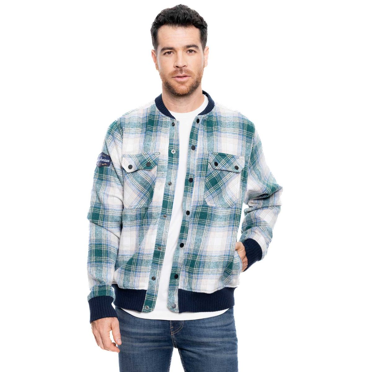 COLOR BLUE - Bomber Jacket A Cuadros Con Cuello Contraste