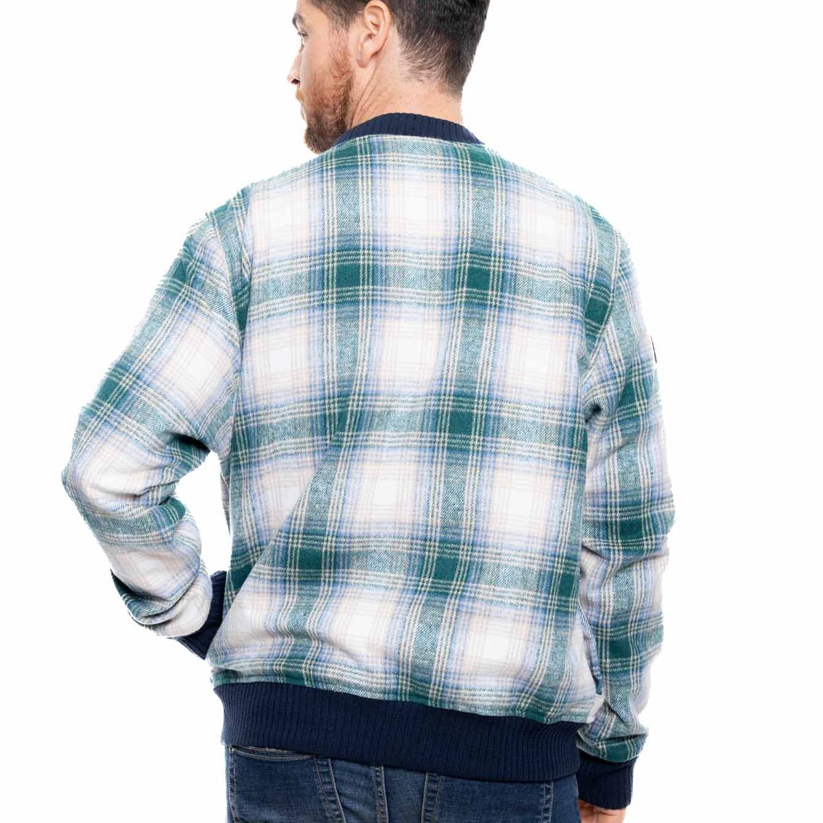 COLOR BLUE - Bomber Jacket A Cuadros Con Cuello Contraste