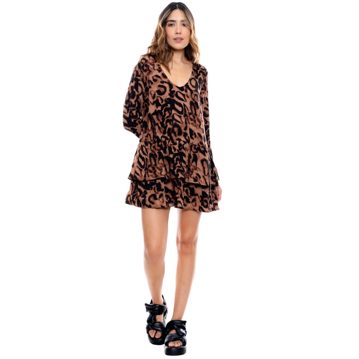 COLOR BLUE - Vestido Corto Manga Larga En Animal Print