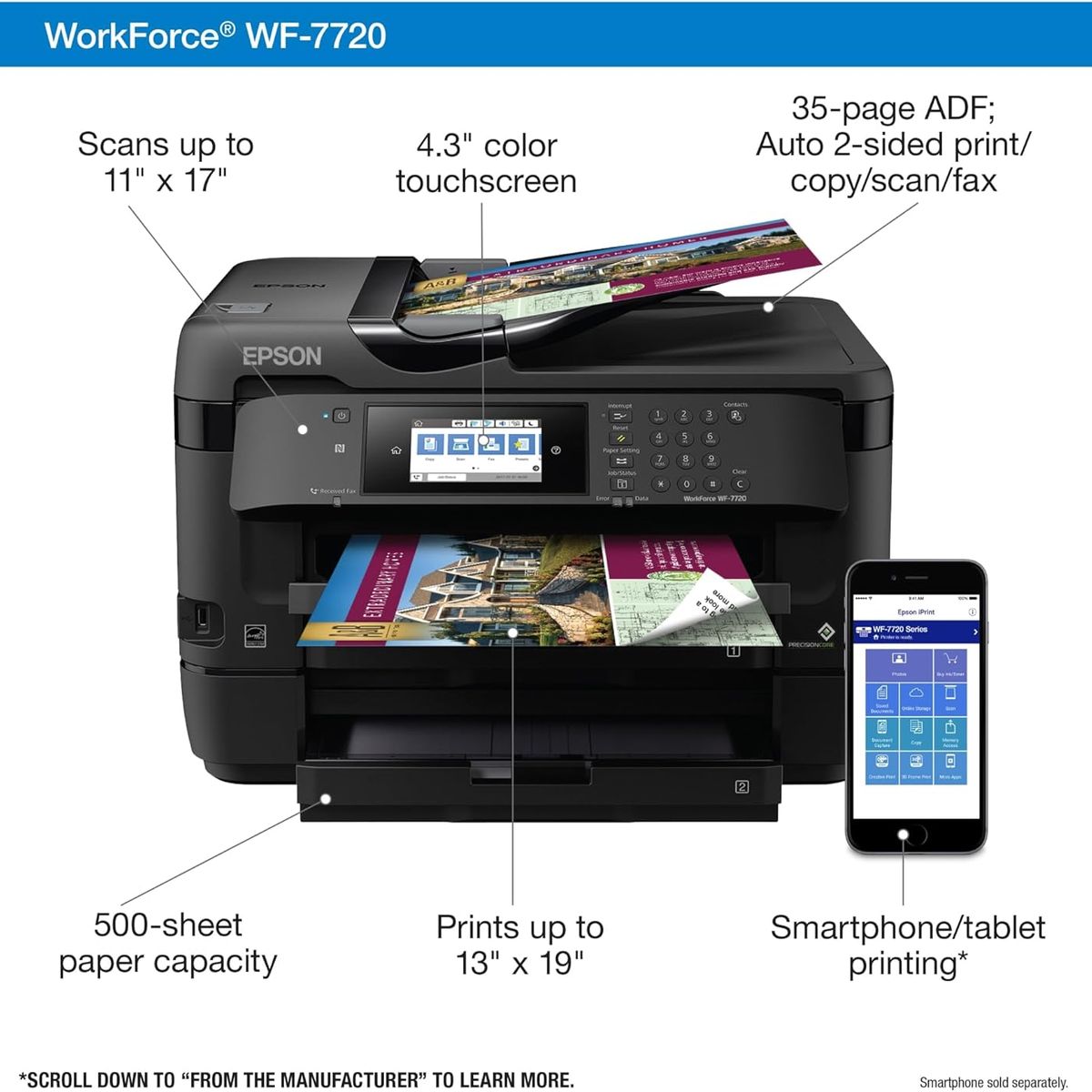 EPSON - Impresora Epson WorkForce WF-7720, multifunción, Wi-Fi, fax