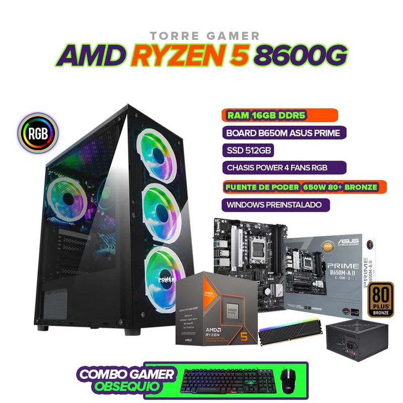 AMD - PC GAMER RYZEN 5 8600G/ 16GB DR5 RAM / 512 SSD/ B650 / CHASIS 4FAN/ 650W REAL
