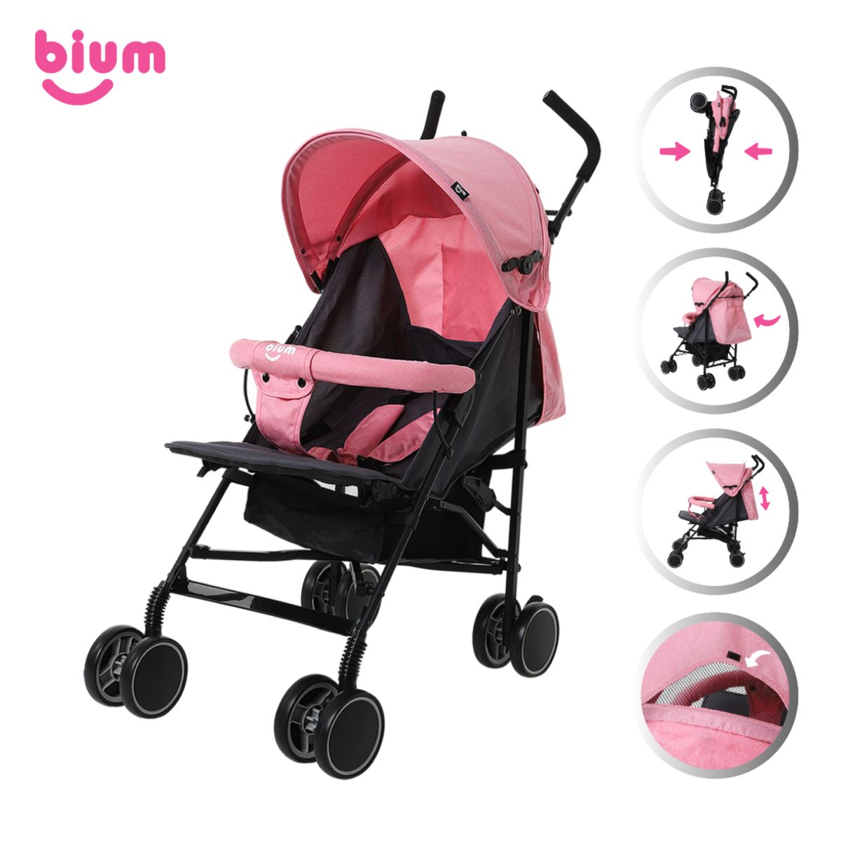 BIUM - Coche Para Bebe 4 Ruedas Dobles Rosado Bium Jolly Pink