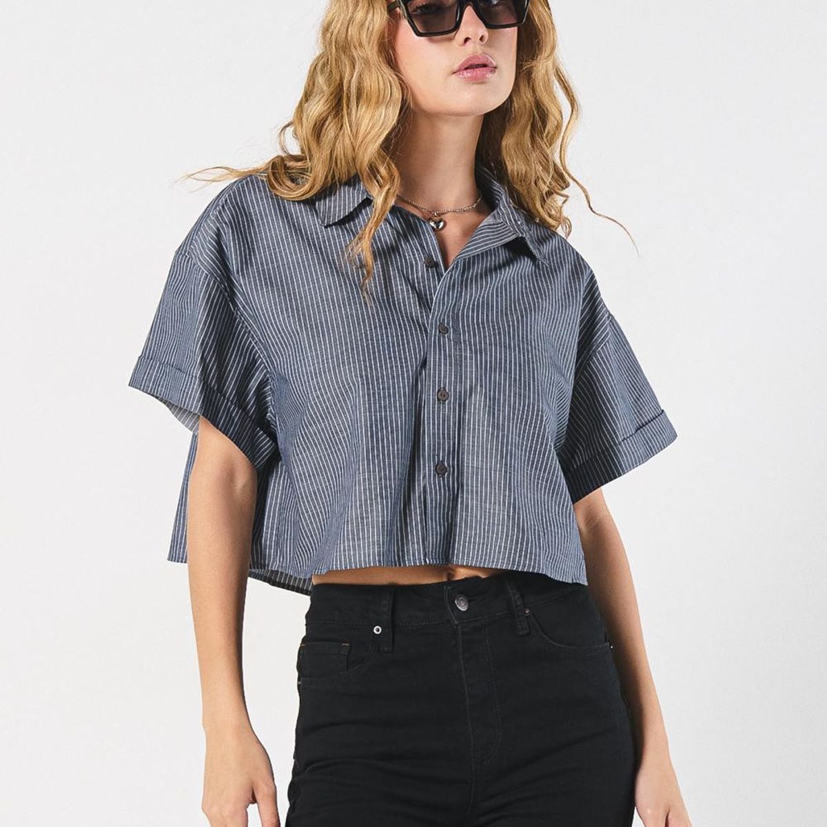KOAJ - KOAJ Blusa azul intensa a rayas crop top con manga corta Mujer