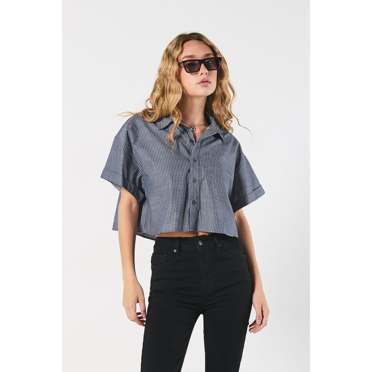 KOAJ - KOAJ Blusa azul intensa a rayas crop top con manga corta Mujer