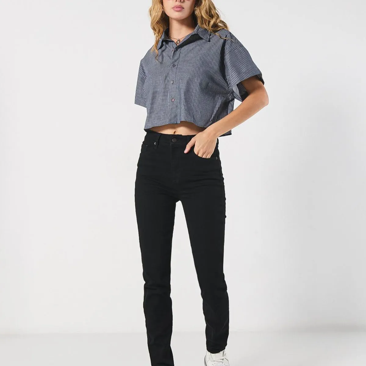 KOAJ - KOAJ Blusa azul intensa a rayas crop top con manga corta Mujer