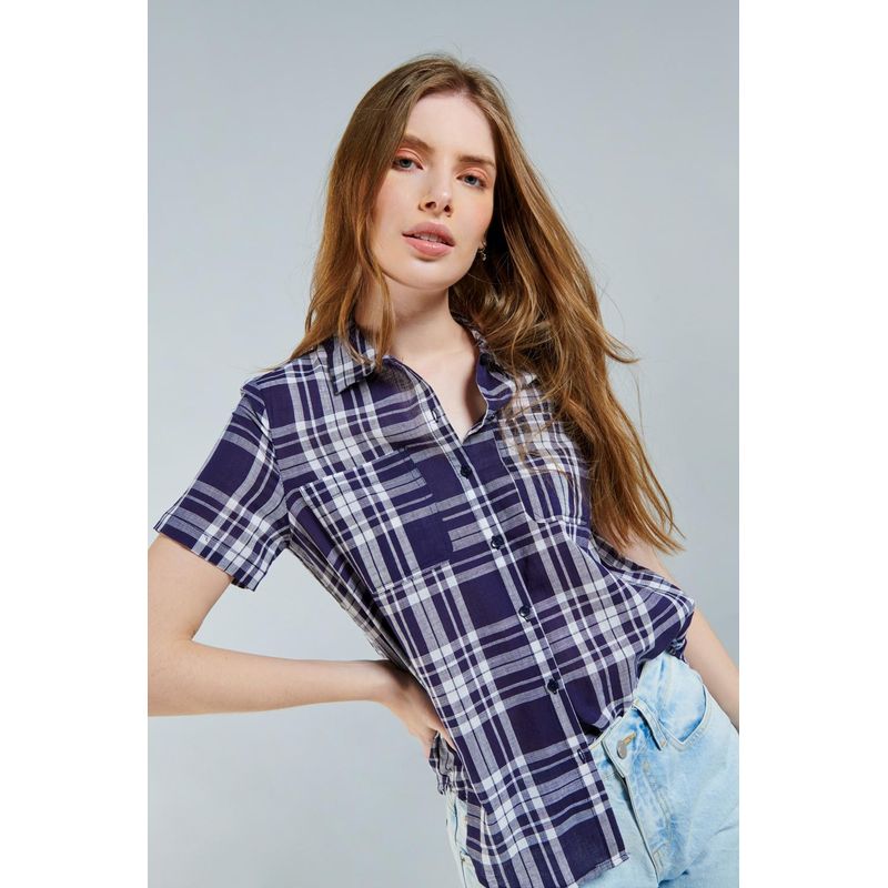KOAJ - KOAJ Blusa manga corta unicolor a cuadros con cuello camisero  MUJER