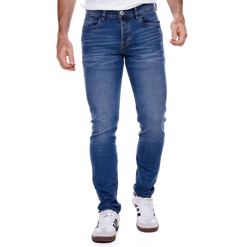 COLOR BLUE - Slim Fit Jeans Tono Medio Con Reservas De Costuras