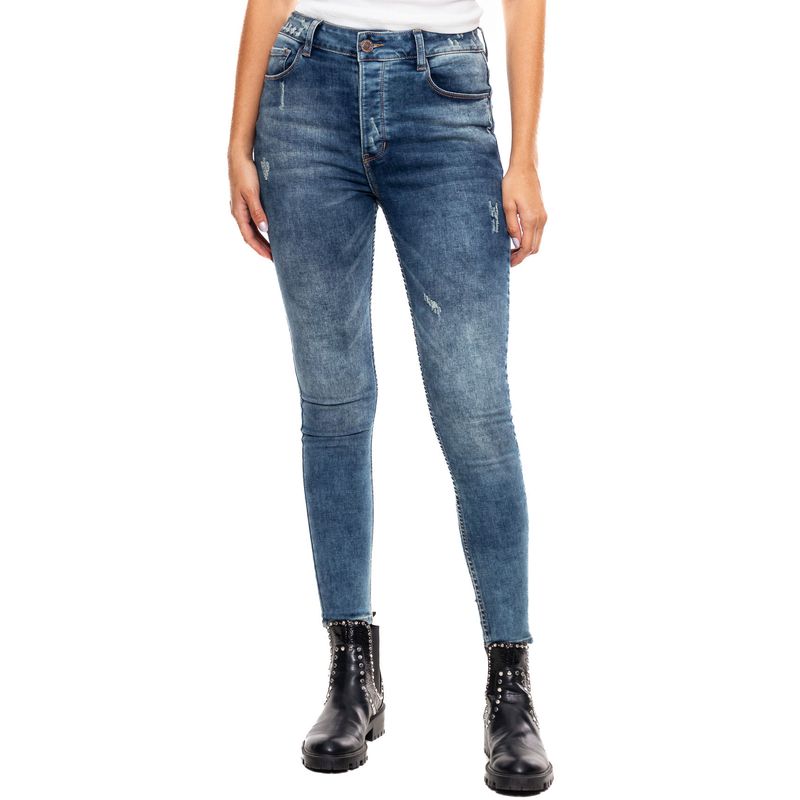 COLOR BLUE - High Waist Skinny Fit Jeans Tono Medio Con Botonadura Interna
