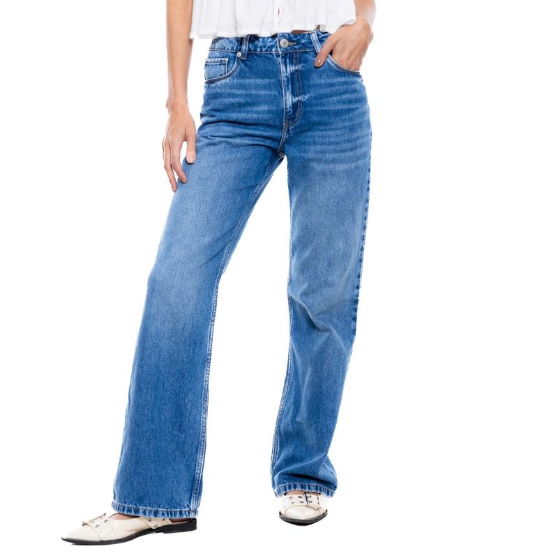 COLOR BLUE - High Waist Flare Jeans Tono Medio Con Desgastes