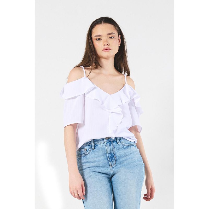 KOAJ - KOAJ Blusa unicolor con golas, manga 3/4 y hombros descubier Mujer