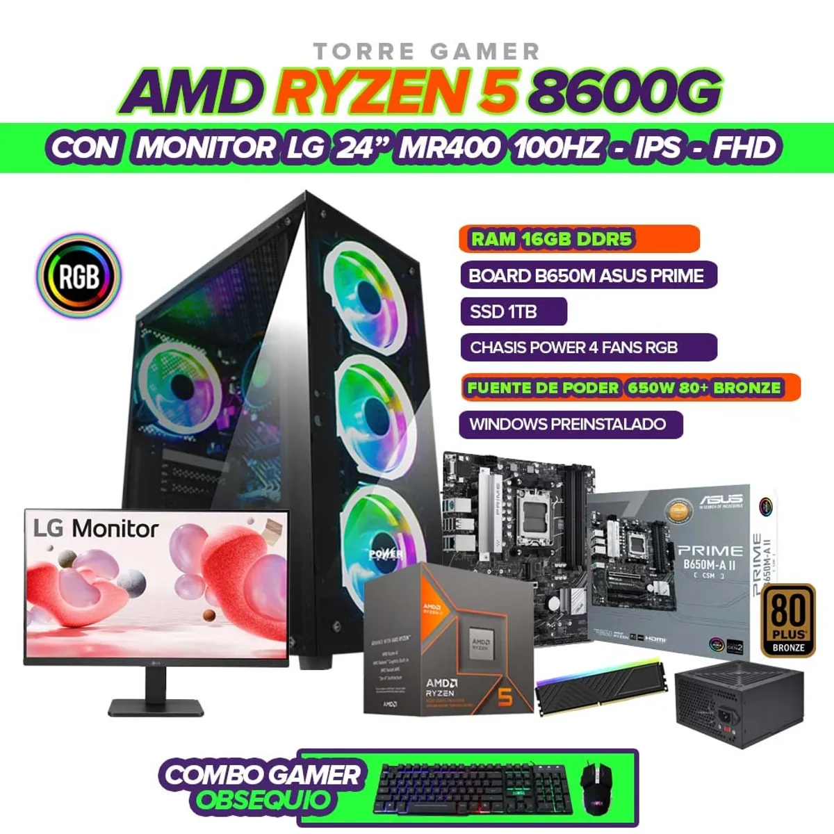 AMD - PC AMD RYZEN 5 8600G / RAM 16GB / SSD 1TB / B650 / 650W 80+ / MONITOR 24" FHD