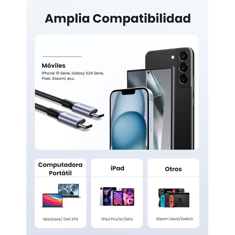 UGREEN - Cable USB C a Tipo C Ugreen 60W Reversible con Nylón de 2m Negro