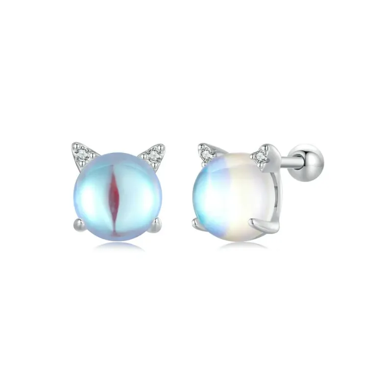 ALHAJAS - Aretes Topos Para Mujer Gato Piedra Lunar Fabricados En Plata 925
