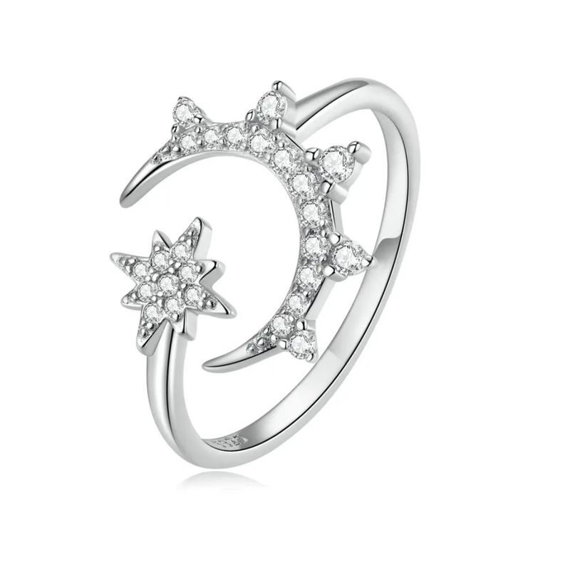ALHAJAS - Anillo Ajustable Doble Para Mujer Luna Y Estrella En Plata 925