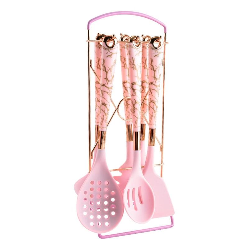 DANKI - Set Juego Utensilios Cocina Silicona 7 Piezas Marmoleado Rosa