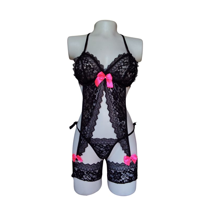 GENERICO - Conjunto sensual ropa interior ligas liguero encaje tanga hilo sexy