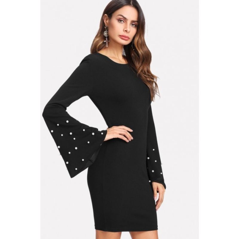 GENERICO - VESTIDO FORMAL CASUAL DE MUJER CON MANGAS CAMPANAS Y PERLAS